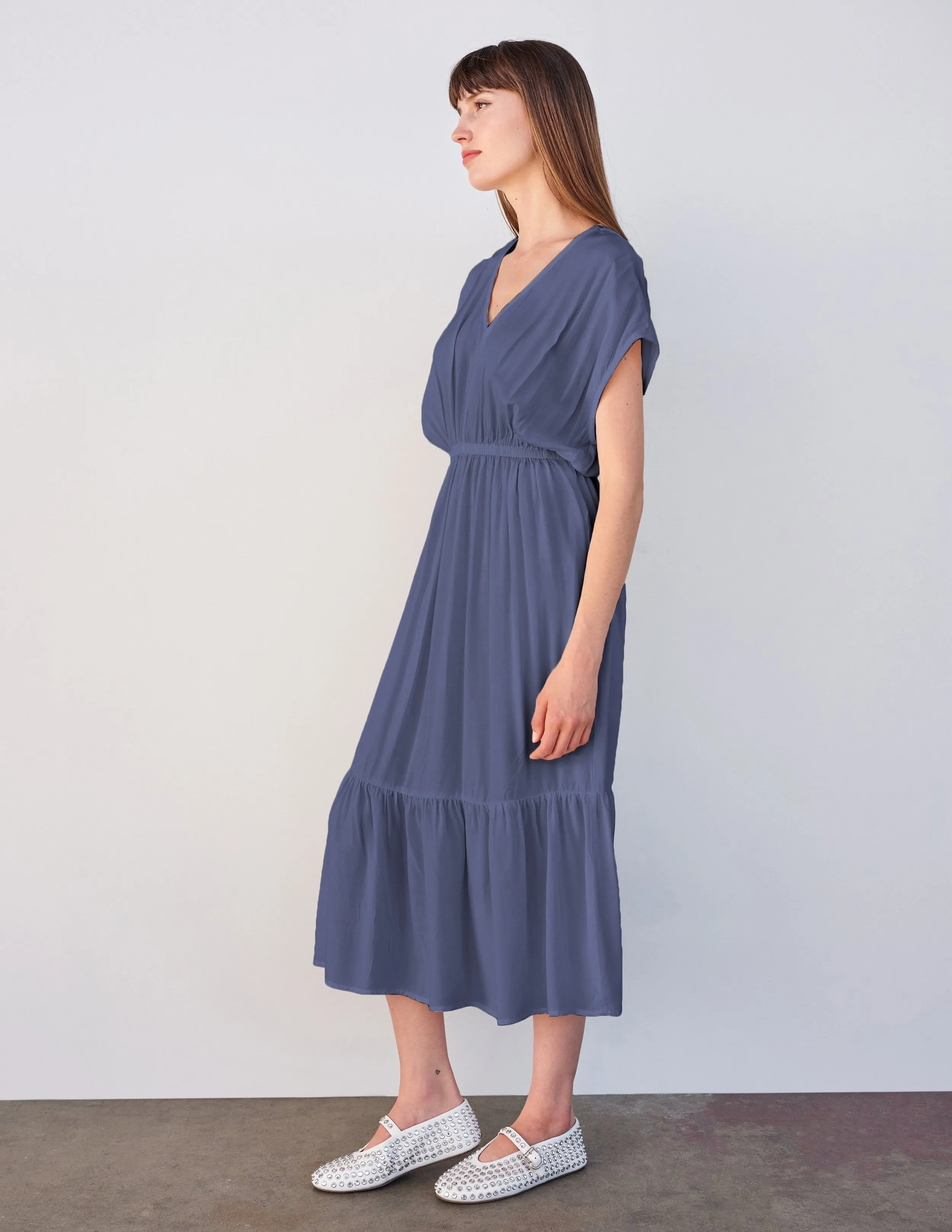 Sundry Midi Dress with Ruffle in Navy