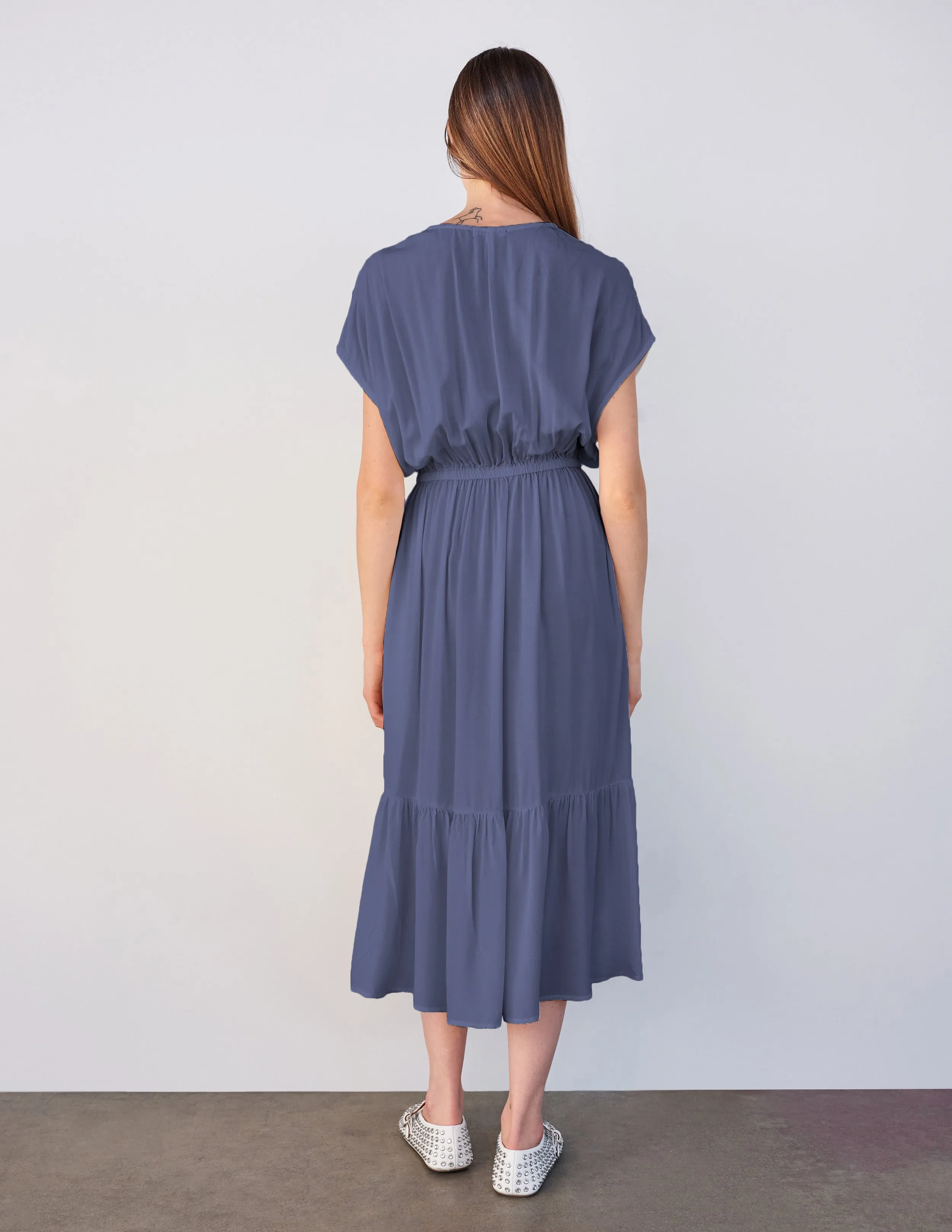 Sundry Midi Dress with Ruffle in Navy